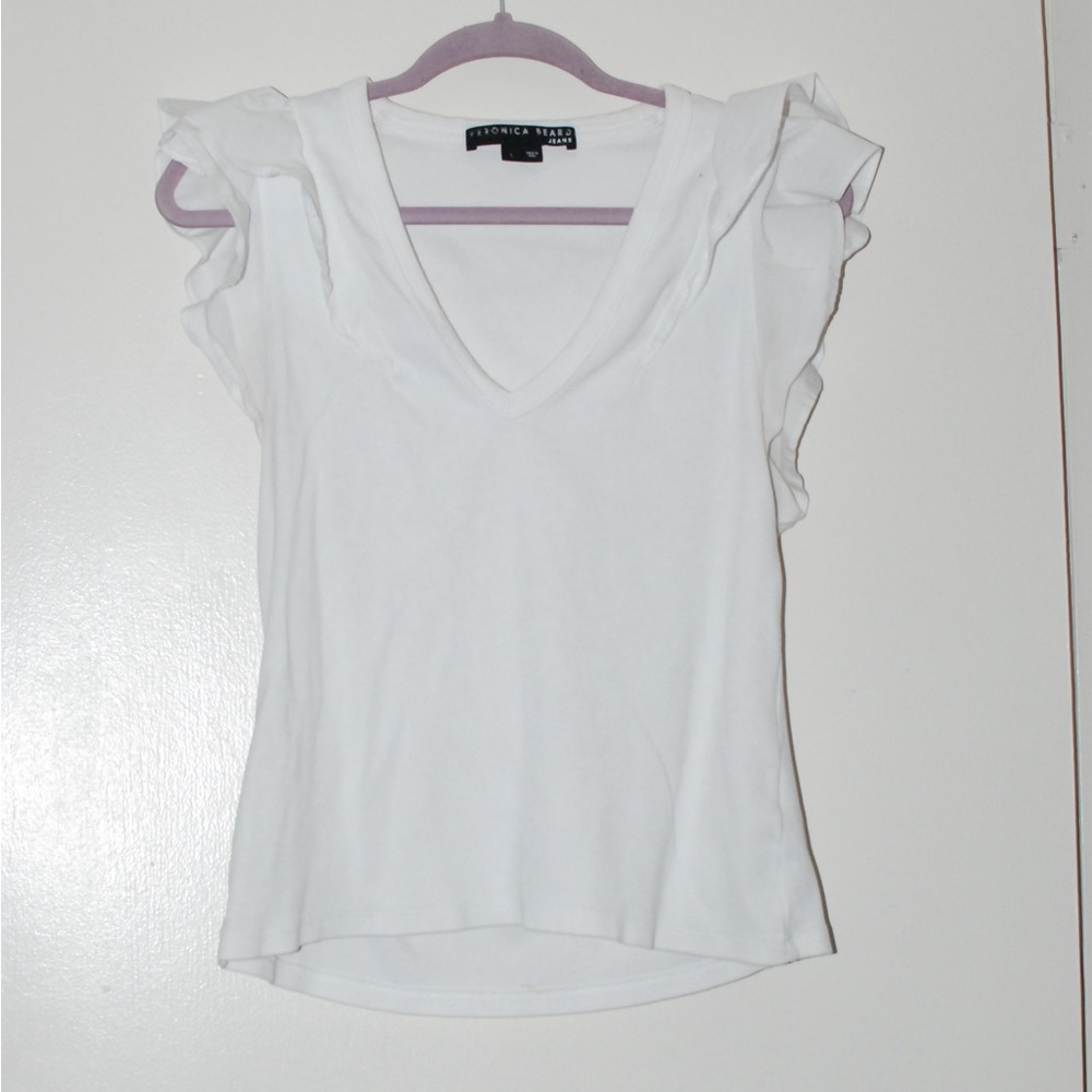 Veronica Beard White V-Neck Ruffle Tank